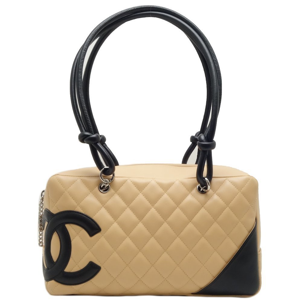 Chanel Cambon Bowling Shoulder Bag Leather Beige Black